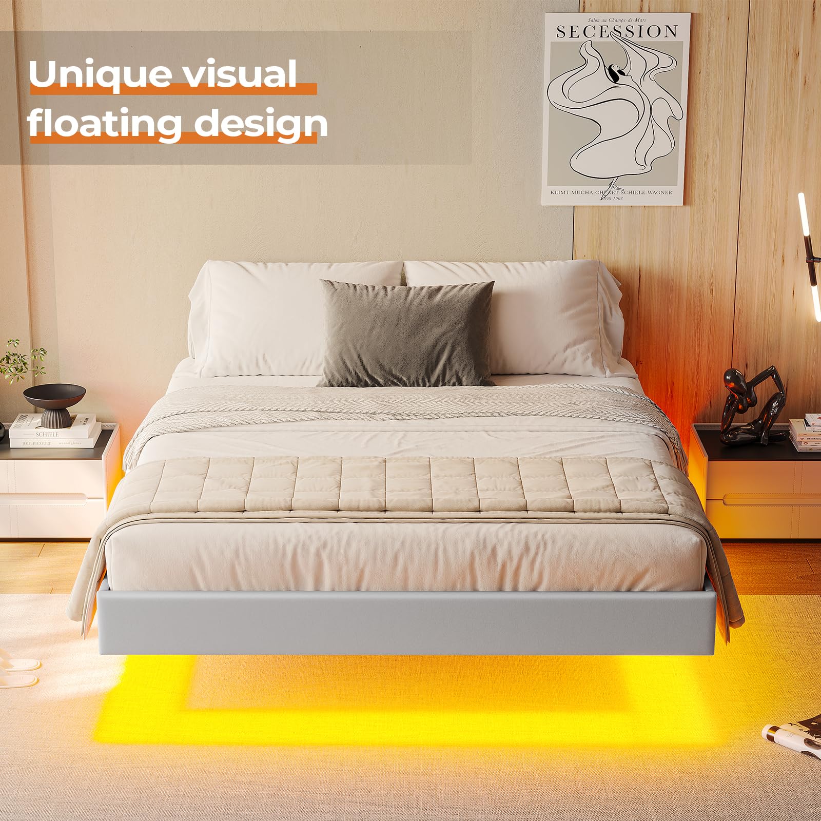 Hasuit Floating Queen Bed Frame with LED Lights - Modern White Platform Bed, No Box Spring Needed, Easy Assembly - WoodArtSupply