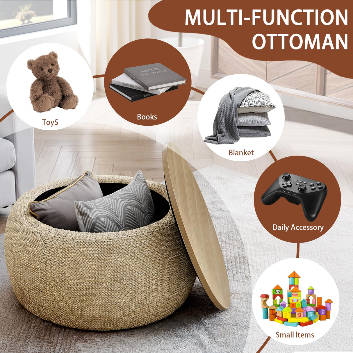 Chorlenimi Ottoman with Storage Round Footstool Stool Small Ottoman with Storage Foldable Ottomans Foot Rest Footstool Bench Wooden Lid for Living Room(Natural, 25'') Chorlenimi