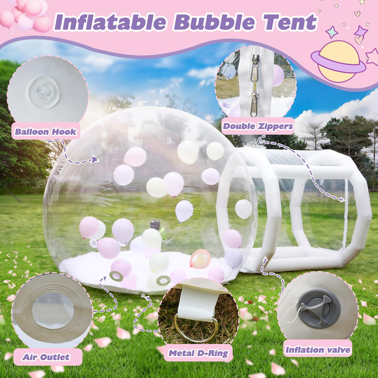10FT Inflatable Bubble House Dome for Kids, Clear PVC Inflatable Bubble House Tent with Tunnel, Bubble Balloon House with 750W Air Blower, 600W Air Pump Inflatable Dome for Party (Clear, 10FT) Gaonala