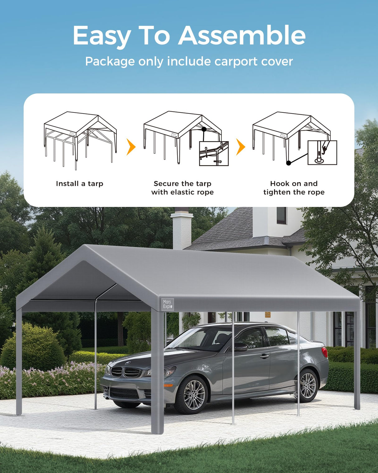 12x20 FT Heavy Duty Carport Replacement Canopy Cover, Durable Waterproof Garage Shelter Top, Car Tent for Outdoor Use, with Ball Bungees for Secure (Gray) Mars Explo