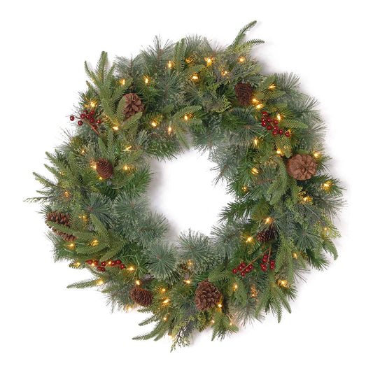 National Tree Company Pre-Lit Artificial Christmas Wreath, Green, Colonial Fir, White Lights, Decorated with Pine Cones, Berry Clusters, Christmas Collection, 24 Inches