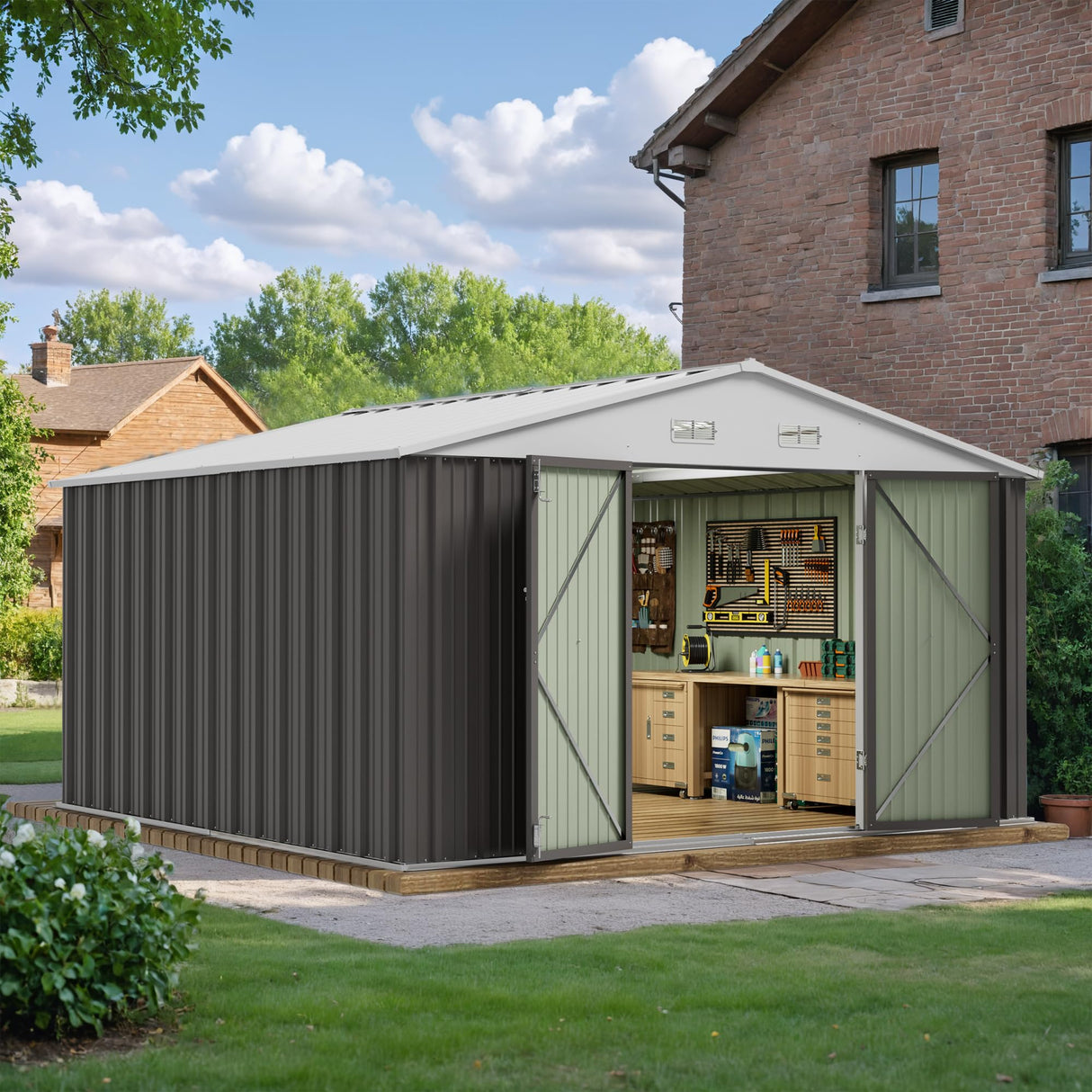 JUMMICO 10 x 10 FT Outdoor Storage Shed, Large Metal Garden Shed & Tool Sheds for Backyard Garden Patio Lawn (Grey) JUMMICO