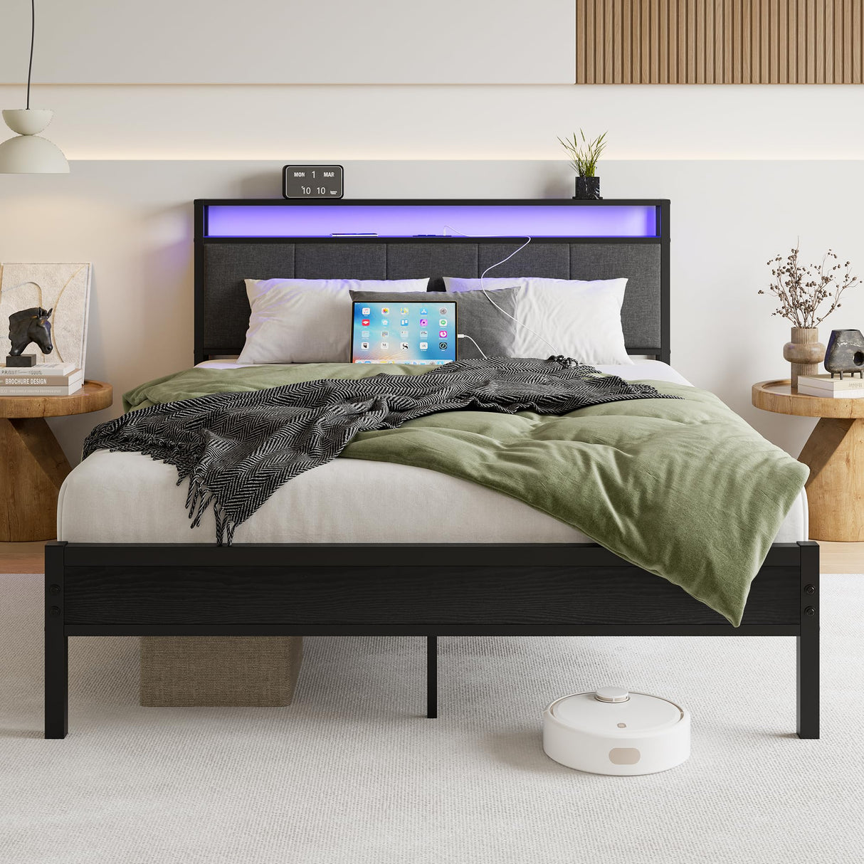 VECOCHO Queen Upholstered Bed Frame with Charging Station, LED Lights, and Headboard Storage - Dark Grey VECOCHO