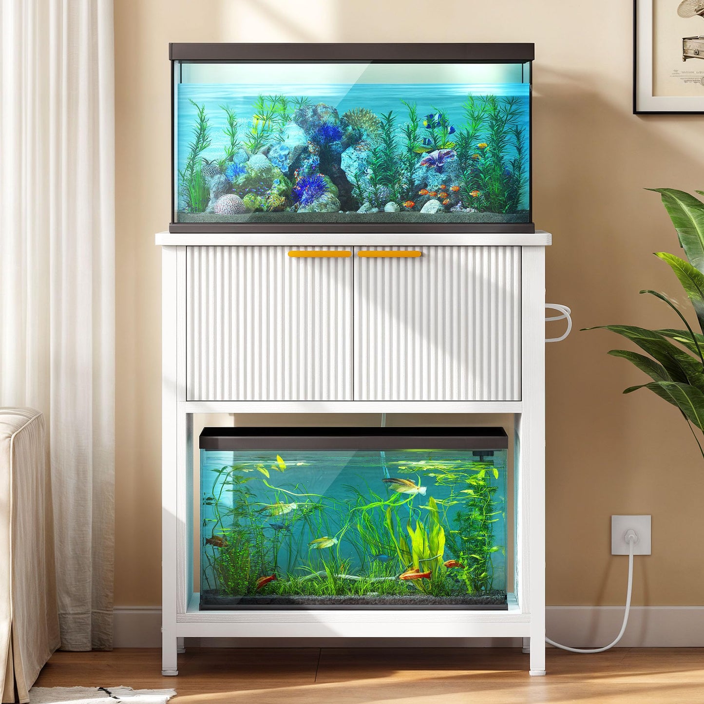 DWVO 20-29 Gallon Aquarium Stand with Power Outlets, Cabinet for Fish Tank Accessories Storage - Metal Frame Fish Tank Stand Suitable for Turtle Tank, Reptile Terrarium, 350LBS Capacity, White