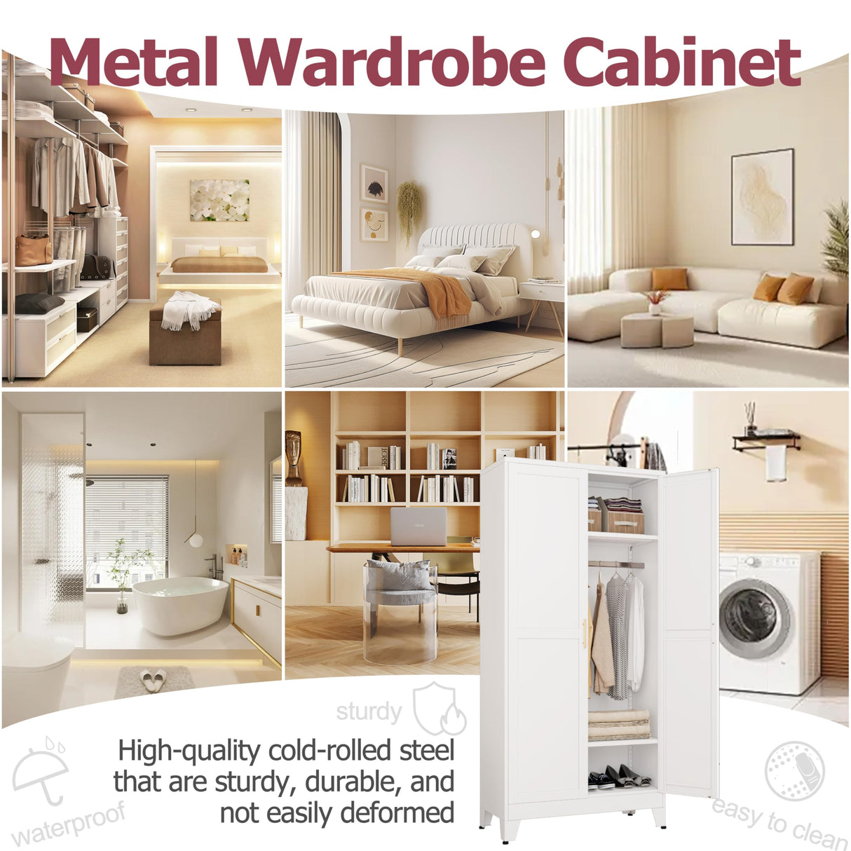 GAIOUS Metal Wardrobe Cabinet with Hanging Rod, 71" Metal Clothing Storage Cabinets with 2 Doors and Adjustable Shelves, White Armoire Wardrobe Closet for Bedroom, Laundry Room, Cloak Room GAIOUS