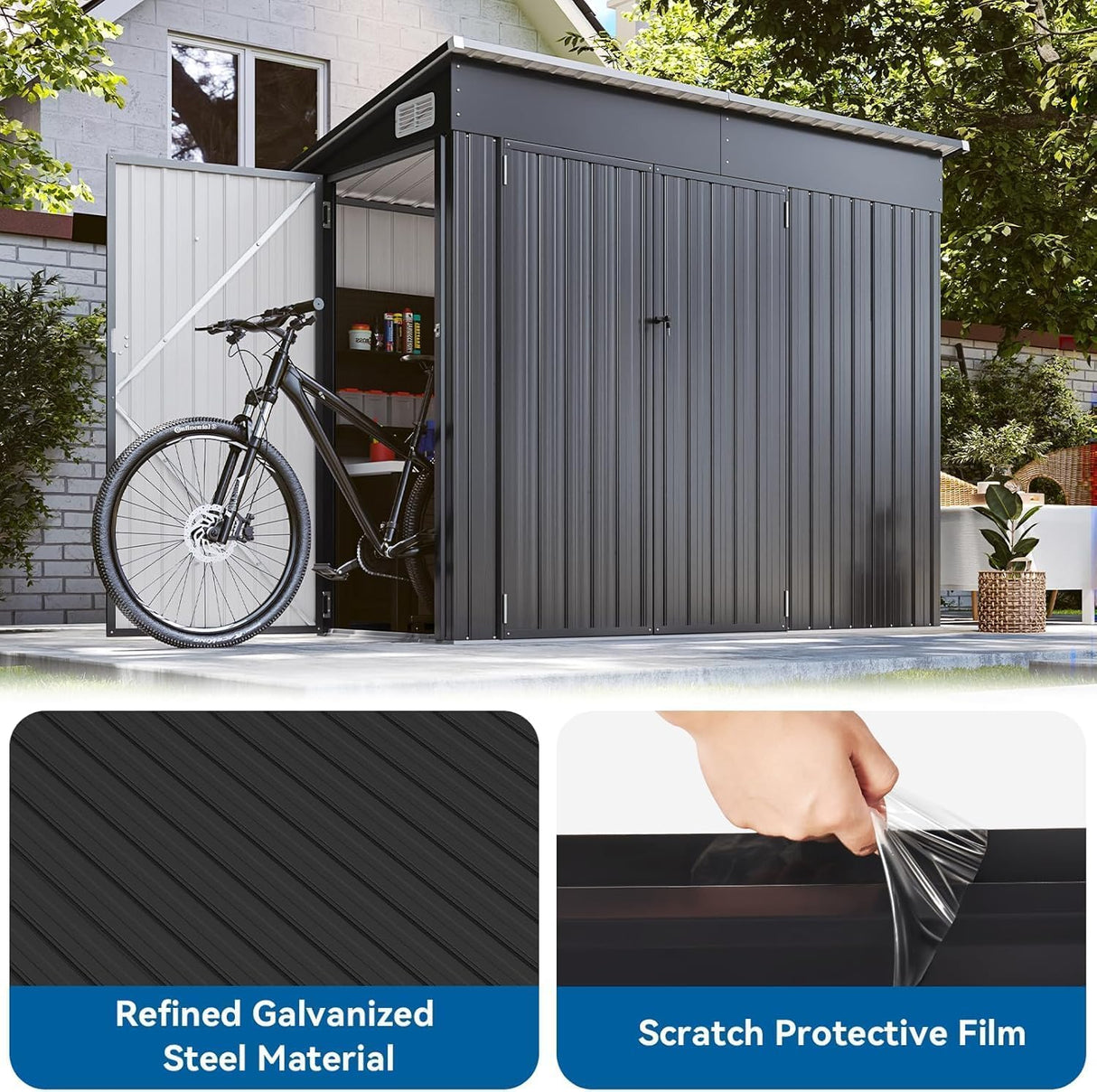 BinpLax 8'x4' Shed Galvanized Steel Storage Sheds with Triple Doors Weatherproof Outdoor Utility Sheds, Dual Lock Lean to Shed with Sloped Roof for Mower, Bike, Generator, Garden Tools (Black) BinpLax