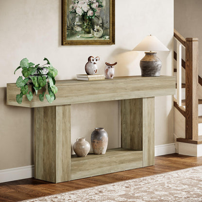 Tribesigns 63" Console Table, Farmhouse 2-Tier Entryway Table with U-Shaped Base, Narrow Long Wood Sofa Table Behind Couch Table for Living Room, Hallway, Foyer, Light Gray