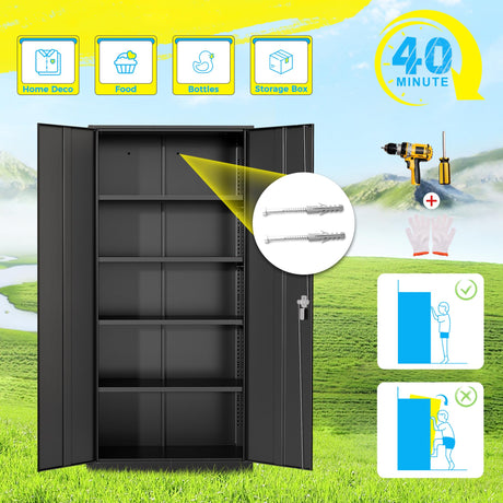 Pataku 71'' Metal Storage Cabinet, Garage Storage Cabinet with 2 Doors and 4 Adjustable Shelves, Steel Lockable Storage Cabinet, Black File Cabinets for Home, Office, Warehouse Pataku