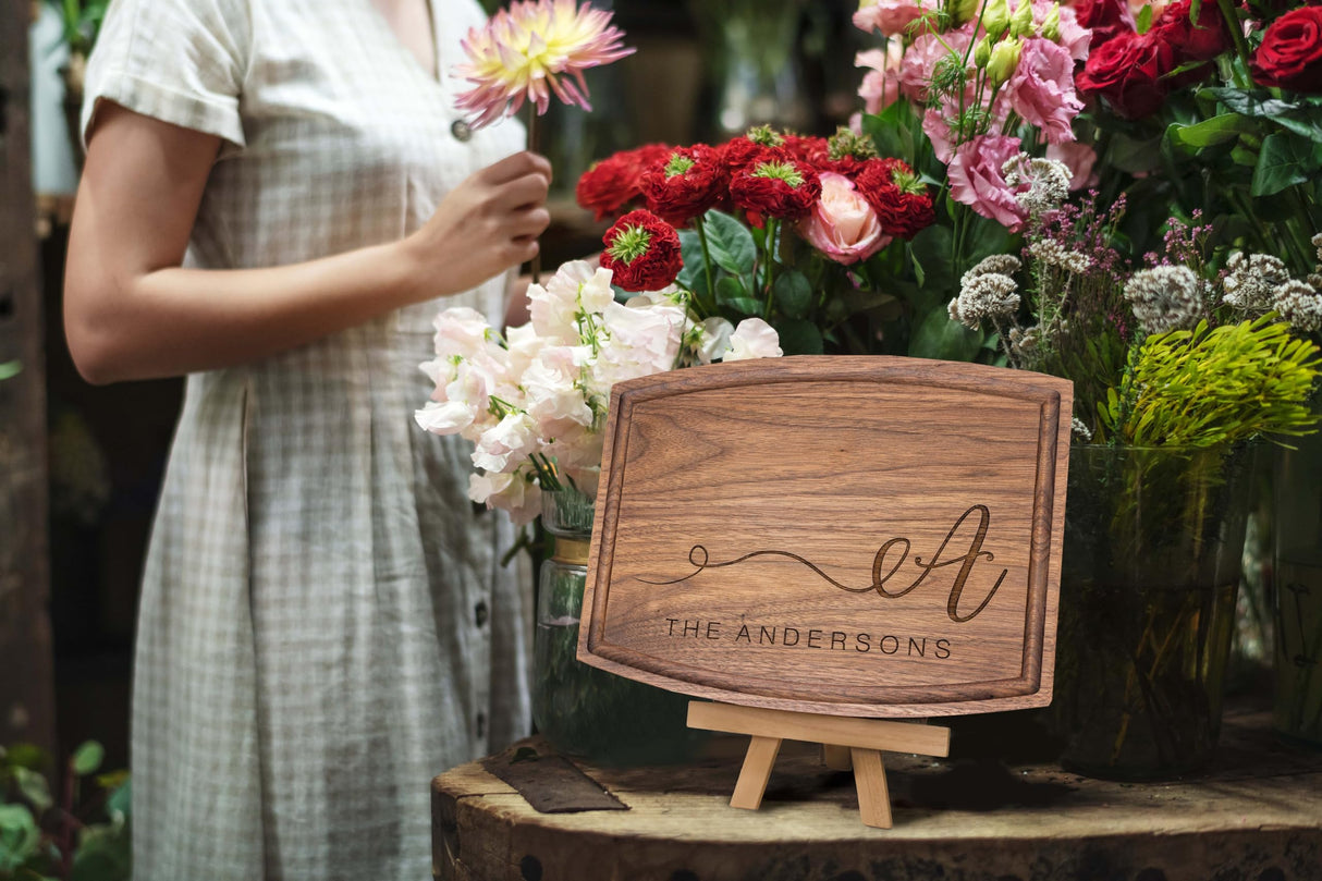 Personalized Cutting Board, Custom Wedding, Anniversary or Housewarming Gift Idea, Wood Engraved Charcuterie, for Friends and Family, Swirled Initial Design 080 Wedding Gift Boutique