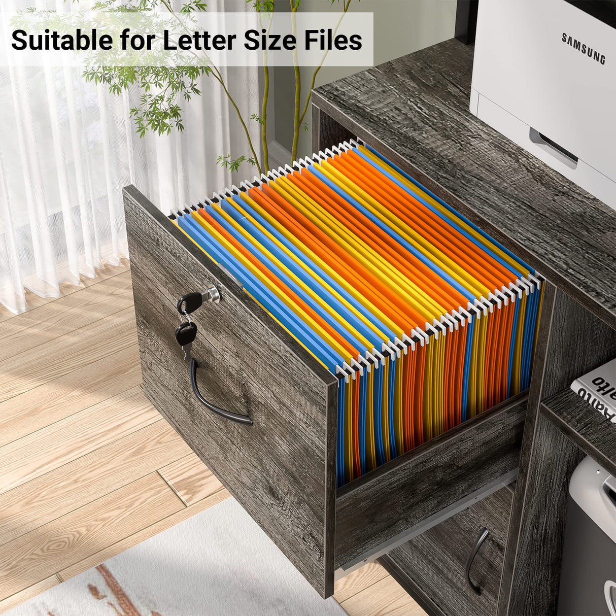 Homieasy Grey Oak Vertical Filing Cabinet with Lock & Charging Station, Large Drawer & Bookshelf Homieasy