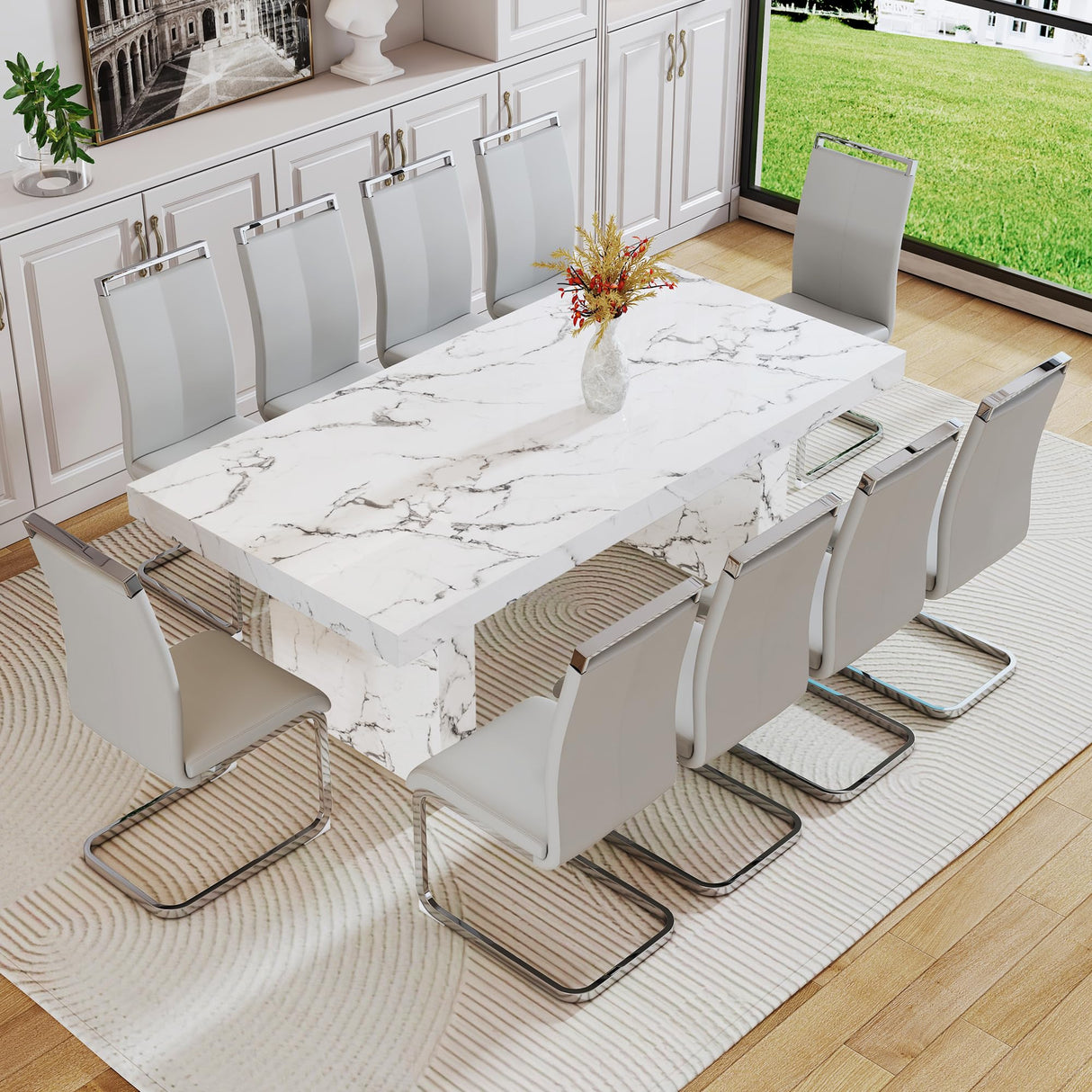 11 Piece Dining Table Set, 79" Marble Dining Table Set for 10, Marble Pattern MDF Dining Table Top and Base, 10 PU Leather Dining Chairs with Chrome Plated Metal Legs for Kitchen Dining Room. gopop