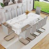 11 Piece Dining Table Set, 79" Marble Dining Table Set for 10, Marble Pattern MDF Dining Table Top and Base, 10 PU Leather Dining Chairs with Chrome Plated Metal Legs for Kitchen Dining Room. gopop