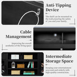 ENOUSHU 70 Inch Farmhouse TV Stand Table for 75 80 inch TV, Modern Entertainment Center with LED Lights and Glass Doors, Wooden Black TV Stands for Living Room ENOUSHU