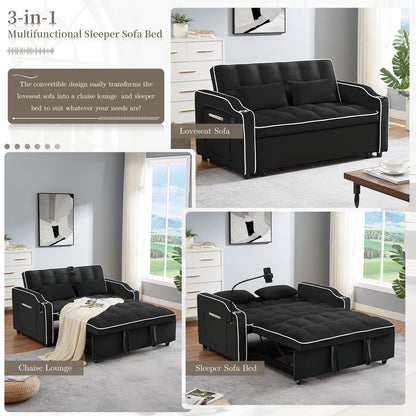 JEEOEHY 3 in 1 Convertible Sleeper Sofa Bed,Velvet Pull Out Couch Bed w USB&Type C Port,Comfy Futon Loveseat w Adjustable Backrest&Phone Stand&Cup Holder for Living Room Apartment Small Space - WoodArtSupply