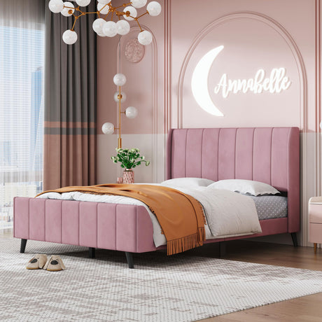 Favfurish Full Size Upholstered Platform Bed with Tufted Headboard and Footboard,Velvet Bedframe w/Mattress Foundation,Wood Slat Support,No Box Spring Needed, Bedroom/Guest Room, Pink Favfurish