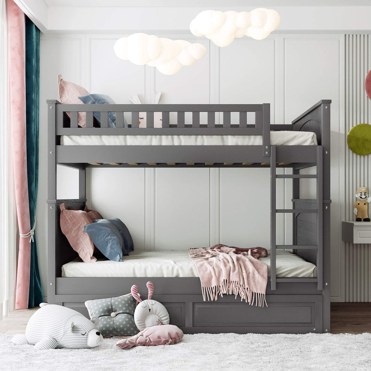 Harper & Bright Designs Full Over Full Bunk Bed with Trundle, Wood Bunk Bed with Guardrails for Kids and Teens, Brushed Gray Harper & Bright Designs