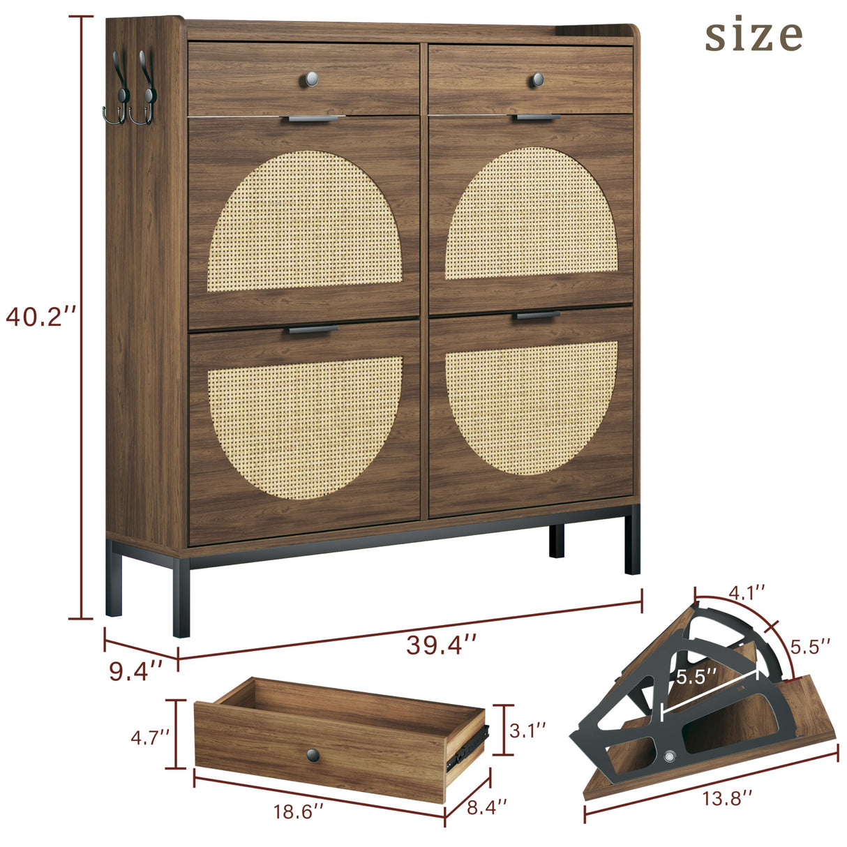 HUAHUU Rattan Shoe Cabinet with 4 Flip Drawers, Storage Cabinets with Adjustable Shelves, Narrow Shoe Cabinet with Metal Legs & Handles for Entryway, Hallway, Organizer, Rustic Oak Rattan HUAHUU