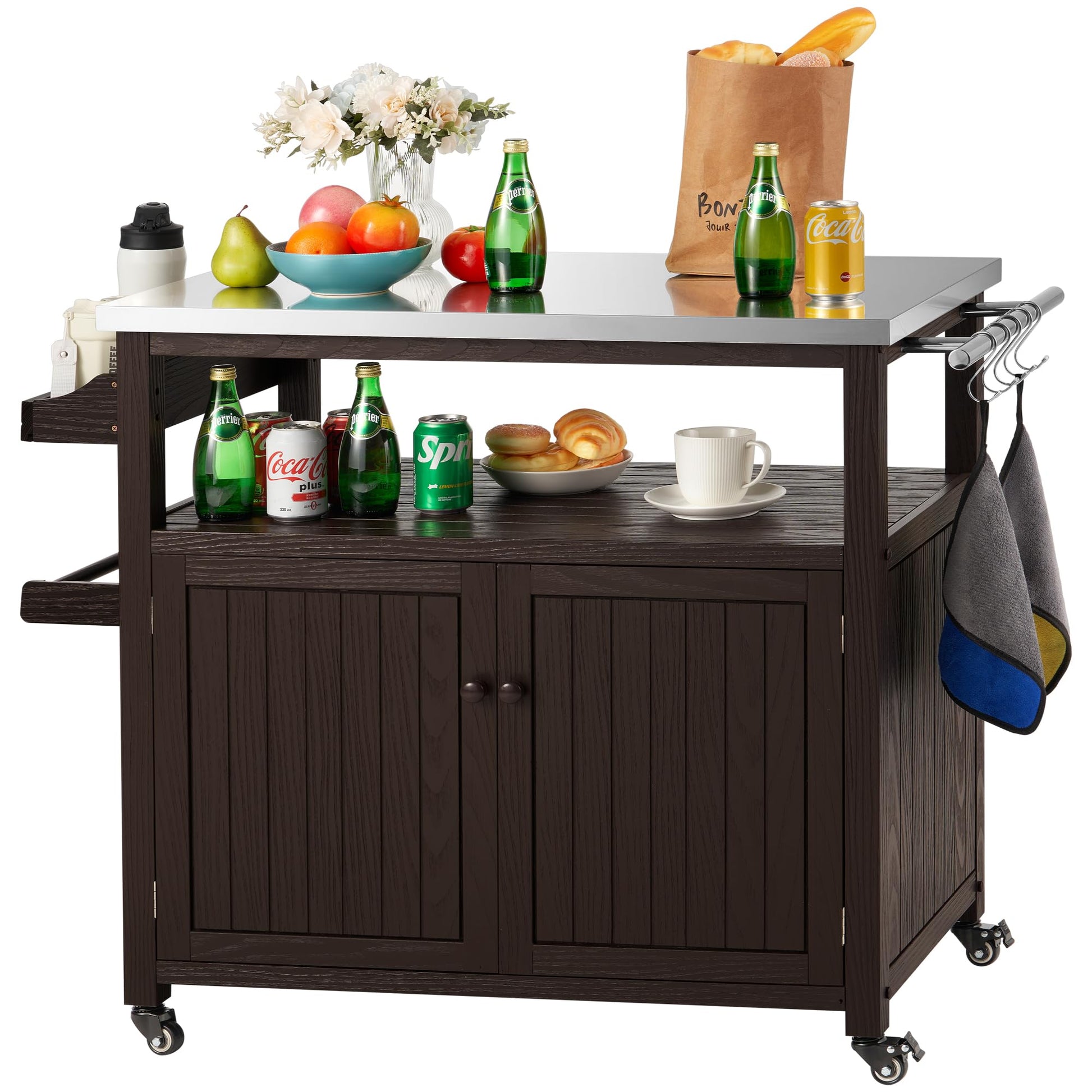 AHB Outdoor Grill Table Solid Wood Storage Cabinet, Rolling Kitchen Island, Movable Bar Cart with Stainless Steel Top for Outside Patio, Backyard, Garden (Two doors) - WoodArtSupply