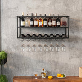 AKOGG Modern Wine Rack Wall Mounted with Glass Holder,Metal Liquor Shelf, Floating Bar Shelves,Liquor Bottle Display Shelf,Hanging Large Capacity Wine Storage Racks for Home Kitchen Dining Room AKOGG