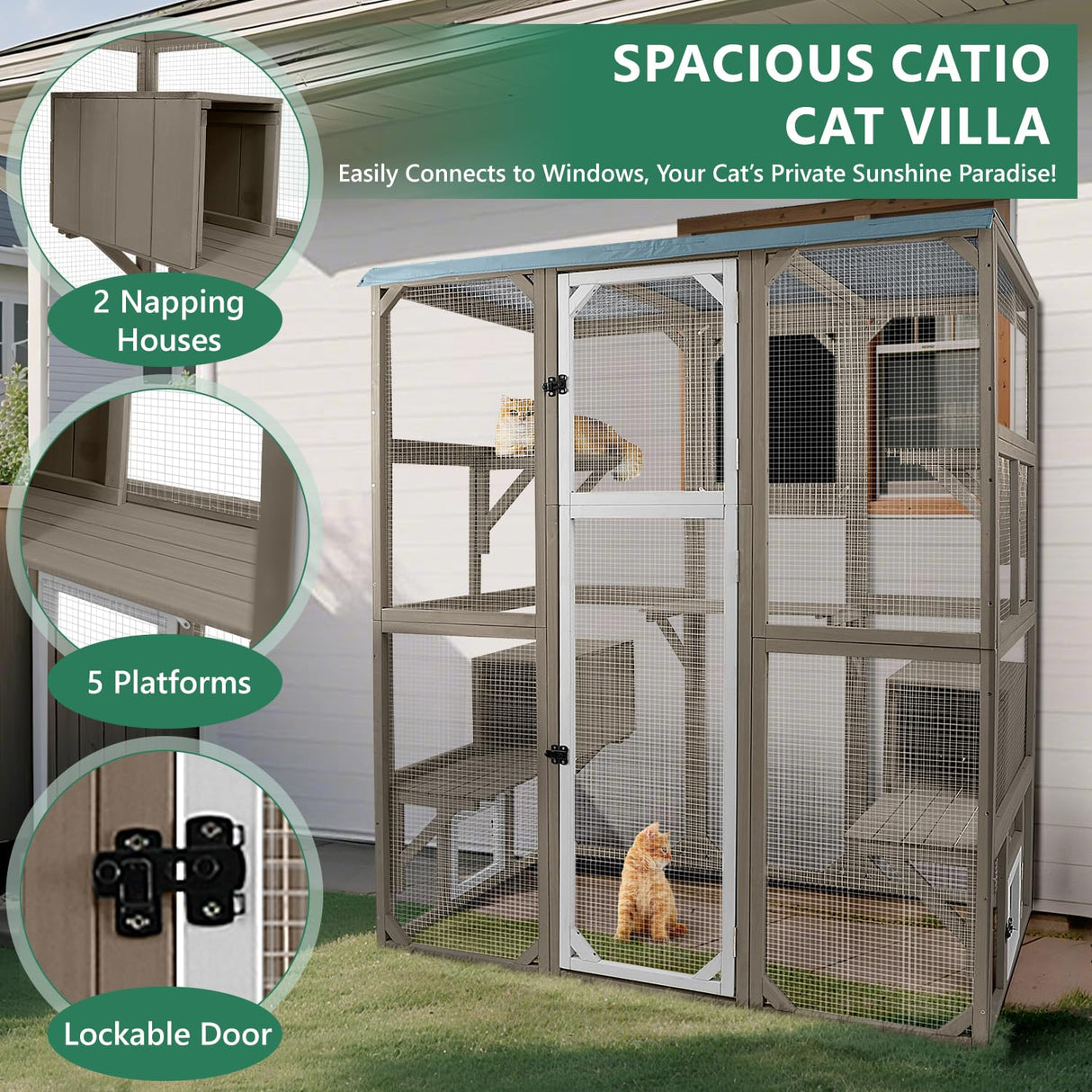 Catio Outdoor Cat Enclosure Large Cat House Catio Window for Mulitiple Cats Walk-in Kitty Cage with 5 Platforms 3 Access Doors Tarp Roof 67.7" H Magazoopet
