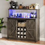 4ever2buy Farmhouse Coffee Bar with LED Lights, 47 inch Coffee Bar Cabinet with Storage, Wine Bar Cabinet with Glass & Wine Racks for Living, Dining Room, Grey 4ever2buy