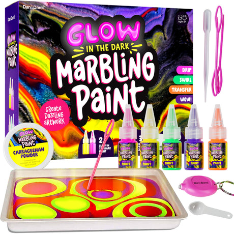 Dan&Darci Glow in The Dark Marble Paint Kit for Kids - Water Marbling Painting Art Set for Boys & Girls Ages 6, 7, 8, 9, 10, 11, 12 Year Old - Kid Crafts Birthday Gifts Toys - Arts Craft Activities Dan&Darci