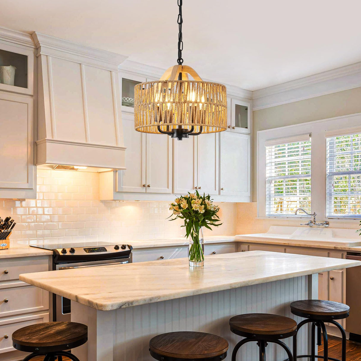 ZSDHXi Rattan Pendant Light Fixtures, 4-Light Boho Chandelier with Woven Drum Shade, Farmhouse Dining Room Ceiling Hanging Lamp, Small Wicker Coastal Pendant Lighting for Kitchen Island Hallway ZSDHXi