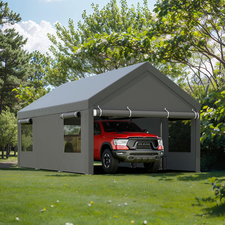 JY QAQA Carport, 12x20 FT Heavy Duty Carport with Removable Side Walls and Doors, Portable Garage with Roll-Up Window and Sandbags, Car Canopy with All-Season Tarp for Cars, Trucks, Boats, Grey JY QAQA PET