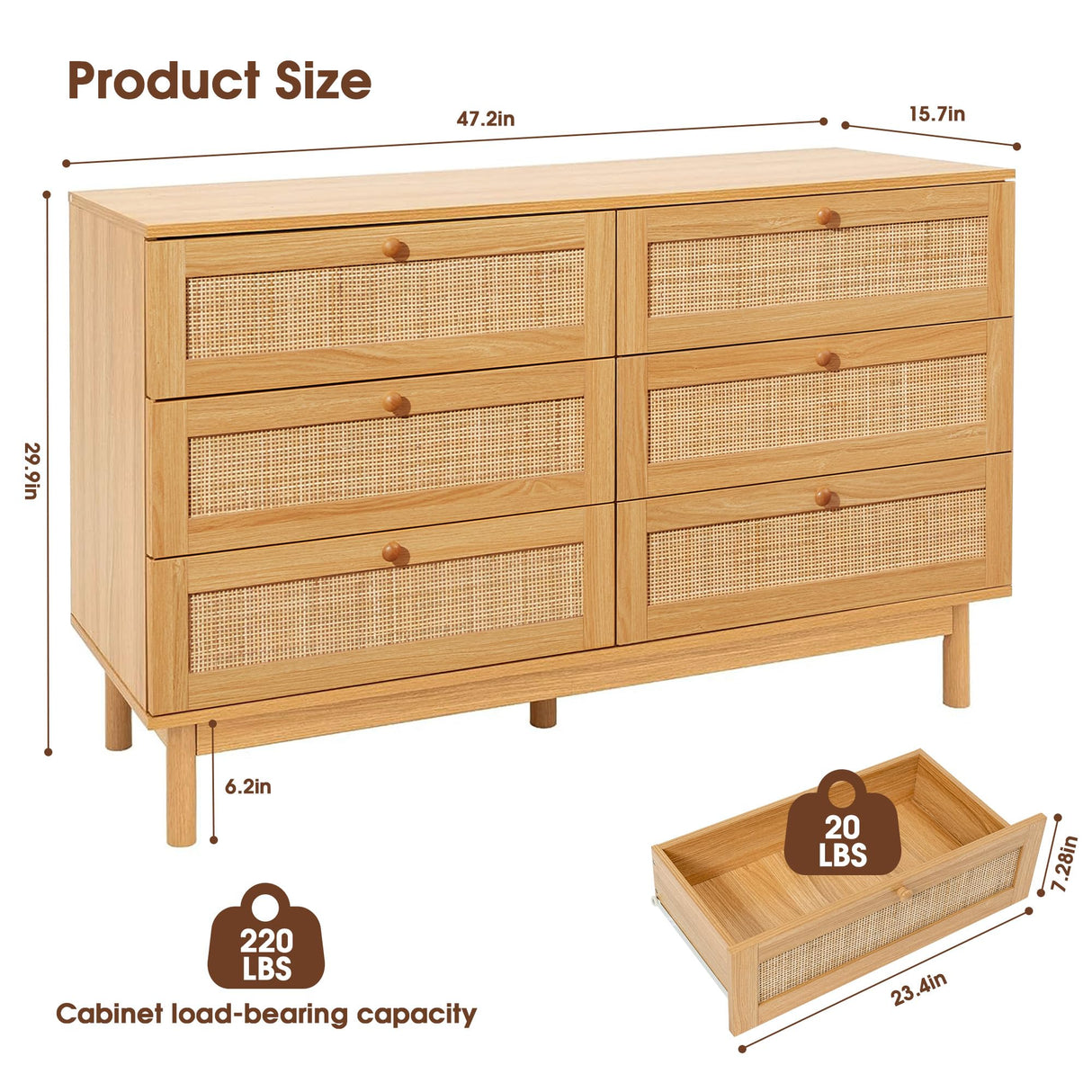 DHMAKER 6 Drawer Rattan Dresser for Bedroom, 48'' Modern Wooden Chest of Dressers with Spacious Storage, Beside Table for Closet, Entryway, Bedroom, Hallway, Living Room DHMAKER