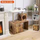 YOCAN Multi-Functional Cat Tree with Litter Box Enclosure, Wooden Apartment with Scratching Post, Modern Style Cat Tree Furniture with Hidden Tower, Cat House Furniture (Brown, L:31.5'') YOCAN