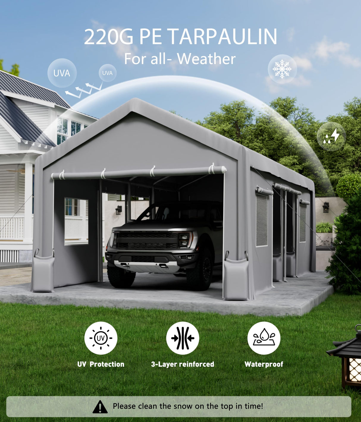 Hipicute 13'x25' Waterproof & UV-Resistant carport Replacement Canopy Cover -220G PE Fabric with Ball Bungees- Gray (Cover Only, Frame Not Included) Hipicute