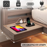 AMERLIFE Taupe Farmhouse Floating Bed Frame with LED Lights, Extended Grille Headboard & Integrated Nightstands AMERLIFE