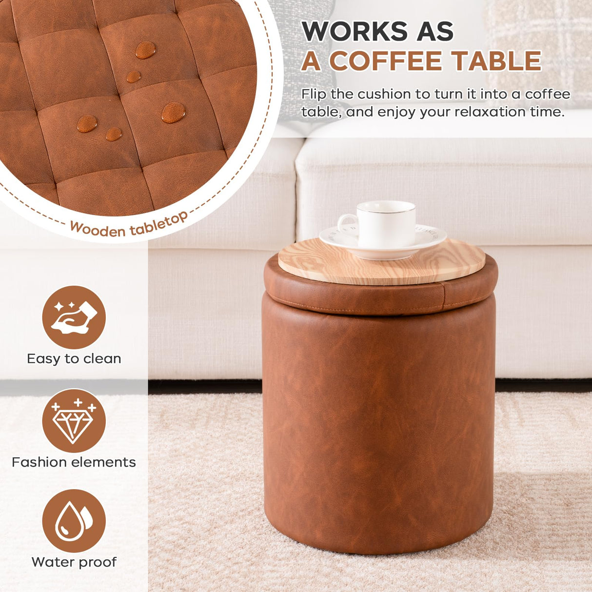 Round Ottoman with Storage Set of 2, Faux Leather Button Tufted Storage Ottoman, 14.76"L x 14.76"W x 17.32"H, Boucle Vanity Stool Footrest Coffee Table for Living Room, Bedroom, Support 300 lbs, Brown oakvivo