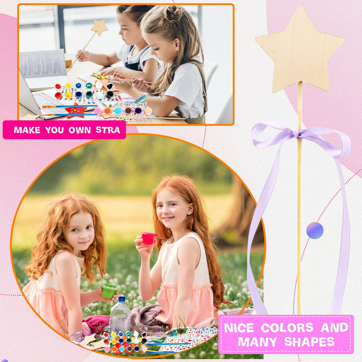 122 Pcs Unfinished Star Princess Fairy Wands Kit Make Your Own Princess Wand DIY Art Craft Magical Wand Include 48 Star Wooden Fairy Wands 24 Gem Stickers 48 Ribbons 12 Markers for Kids Party Supplies Feradny