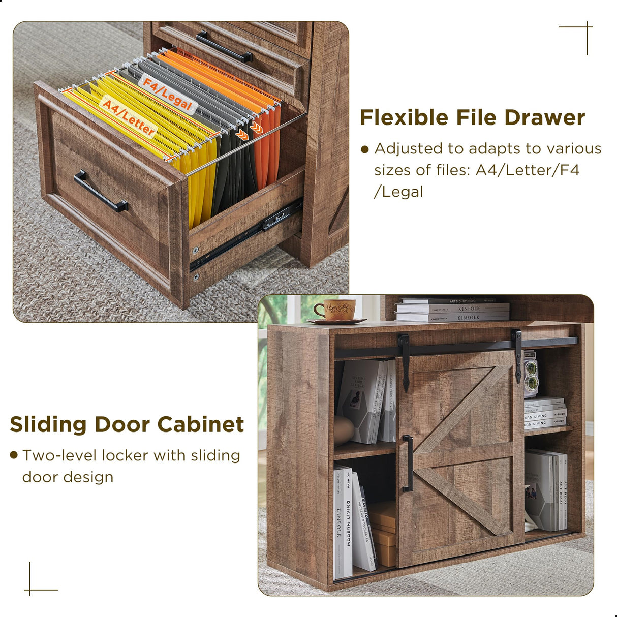 JXQTLINGMU Computer Desk with Darwers & Storage Cabinet, Home Office Desk with File Drawer, Gaming Desk with Monitor Stand & Charging Station, Warm Brown JXQTLINGMU