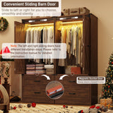 Farmhouse 2 Doors Armoire Wardrobe Closet w/Folding Sliding Barn Door and Lights, LED Armoire Closet w/Drawers for Bedroom, Freestanding Wooden Wardrobe Storage Closet w/Hanging Rod,Rustic Brown jiteentarou