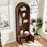 Hall Tree with Bench and Shoe Storage, Entryway Storage Bench with Coat Rack, 70.9"Arch Coat Rack with 4 Hooks and 2 Fluted Doors, Farmhouse Style Furniture Organizer for Hallway (Walnut, 23.7"W) Mxtxmy