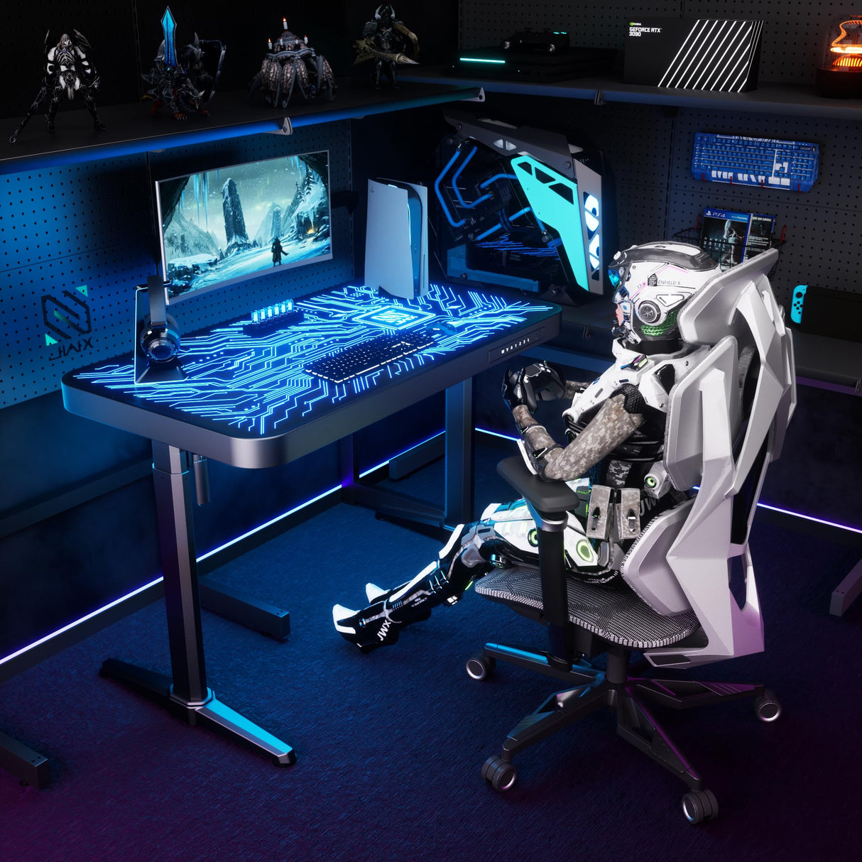 JWX RGB Glass Gaming Standing Desk, 47'' Standing Music Studio, with Music Sensing LED Sit Standing Desk, Dual Motors,USB Ports JWX