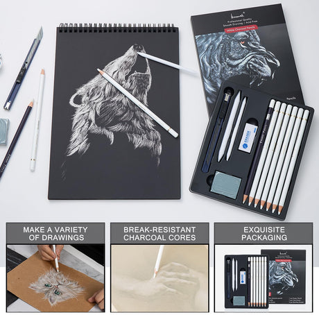Brusarth White Charcoal Pencils Set - 12 Piece White Colored Pencils for Drawing, Sketching, Shading, Blending, White Chalk Pencils for Kid, Beginners & Pro Artists Brusarth