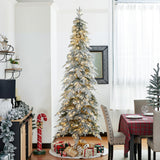 Glitzhome 9ft Pre-Lit Flocked Pencil Spruce Artificial Christmas Tree with 470 Warm White Lights and Sturdy Metal Stand for Home, Office, Party Decoration Glitzhome