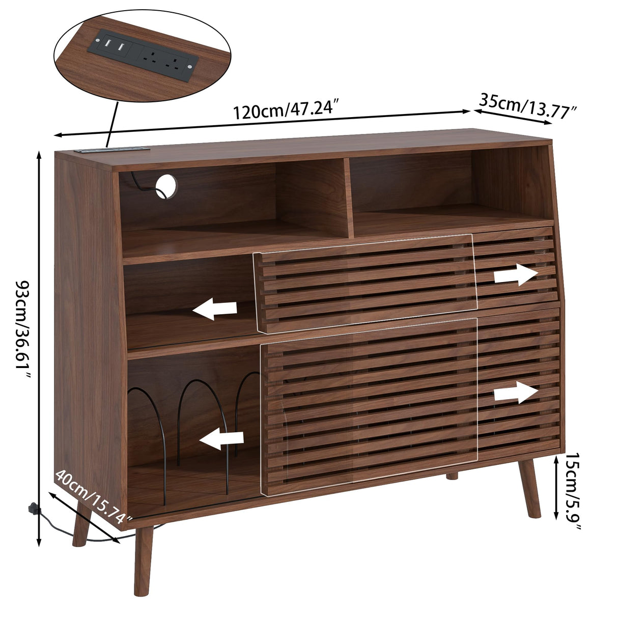 Jluomei Large Record Player Stand, Mid-Century Turntable Stand with Doors and Charging Station Record Player Table Holds Up to 450 Albums Vinyl Storage Display Shelf for Living Room, Walnut Jluomei