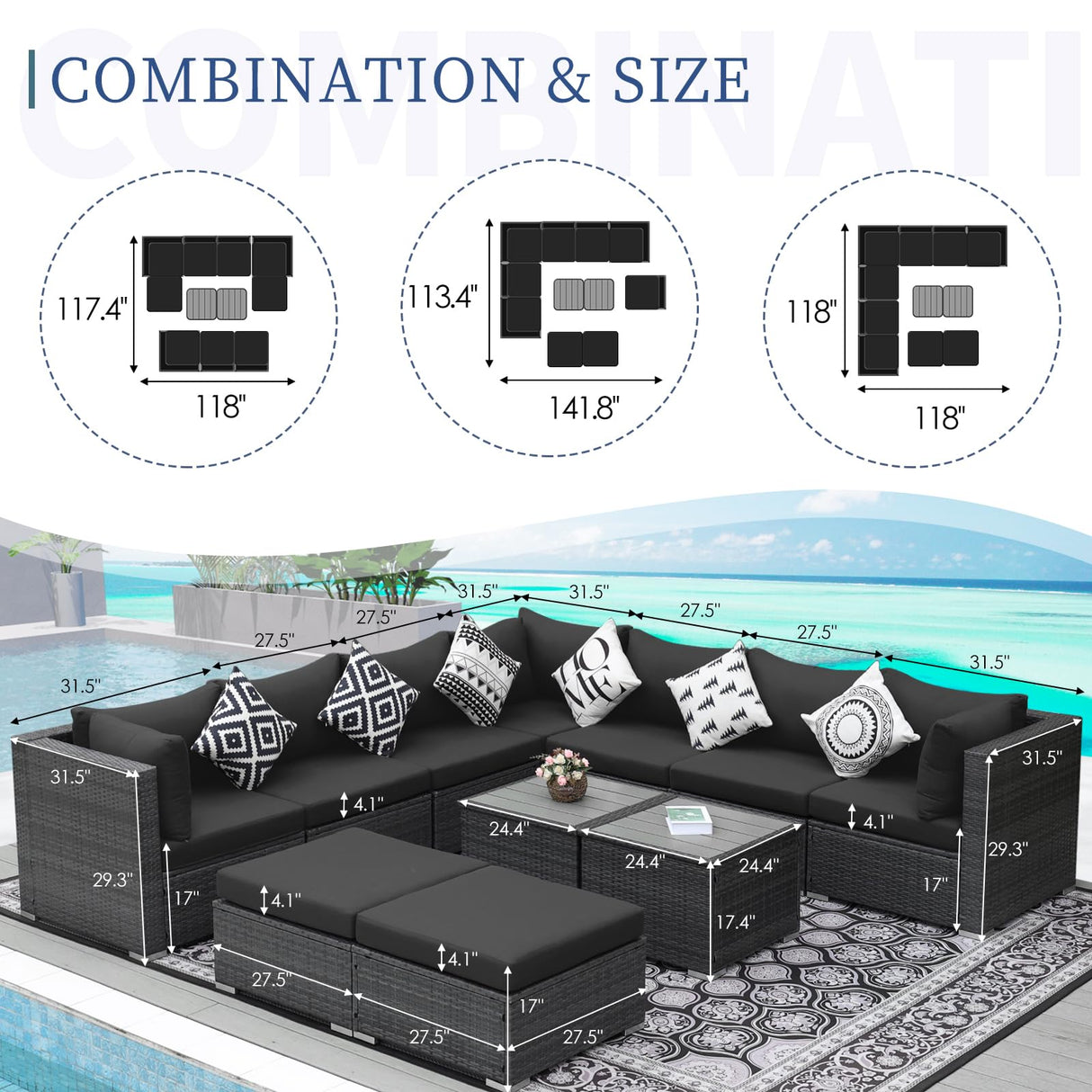 NICESOUL® 11 Piece Large Size PE Rattan Outdoor Patio Furniture Sectional Sofa Sets with Side Tables Outdoor Wicker Conversation Sets Modern Luxury 29.3'' High Back Dark Gray NICESOUL