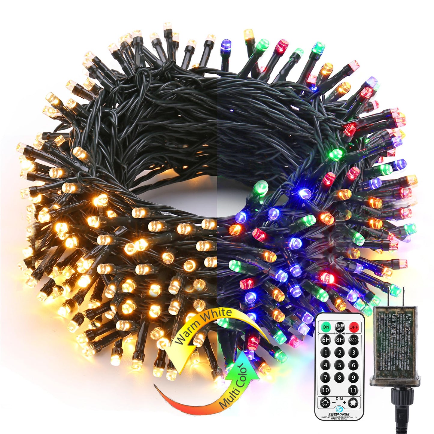 Brizled Christmas Lights Outdoor, 500 LED Color Changing Christmas String Lights with Remote, 180.4ft 11 Modes Christmas Tree Lights Warm White & Multicolor Green Wire Xmas Lights for Xmas Party Home