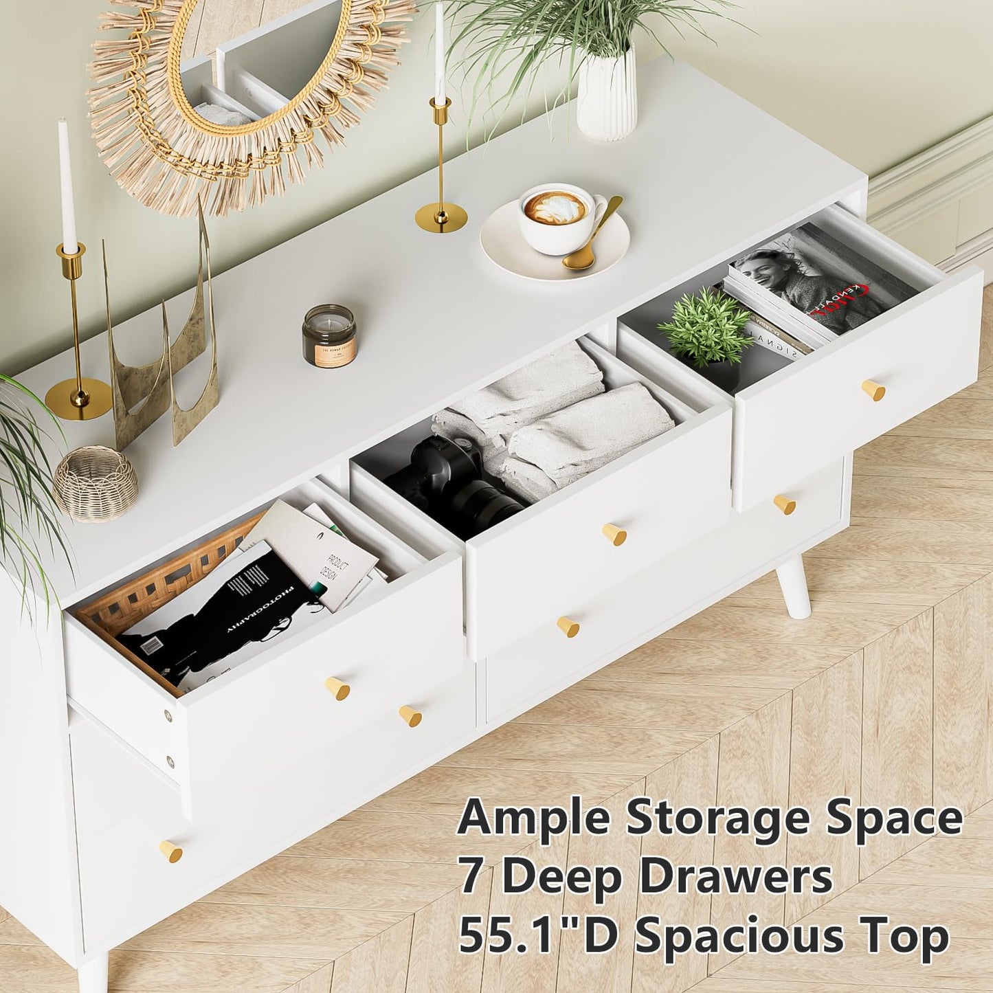 Wananlanen 7 Drawers Dresser for Bedroom, 55'' Dressers & Chests of Drawers with Gold Handles and 7 Large Drawer, Modern Double Wooden Storage Organizer Cabinet, Hallway, White