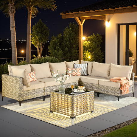 Outdoor Sectional Patio Furniture Set with Glowing Table,7 Pieces Wicker Conversation Sets L Shaped Couch Out Door Sofa Set Outside Furniture for Garden Deck Yard Porch,Beige POUUIN