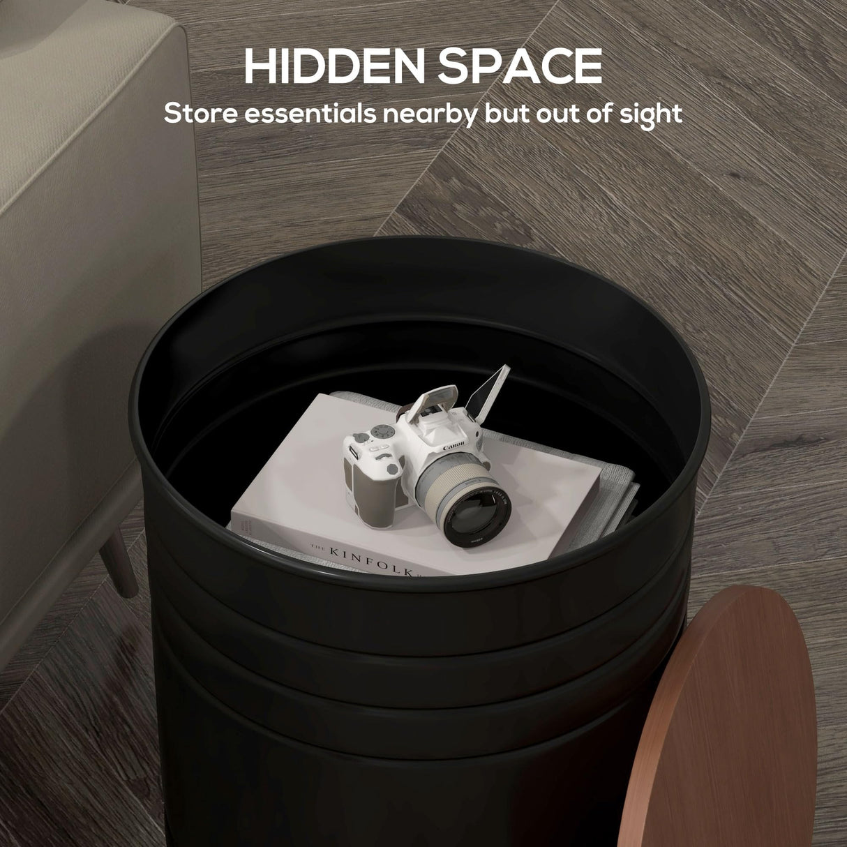 HOMCOM Nesting End Table Set of 2, Round Storage Ottoman Stool with Removable Wood Lid, Metal Frame & Hidden Space, Farmhouse Side Table for Living Room, Black HOMCOM