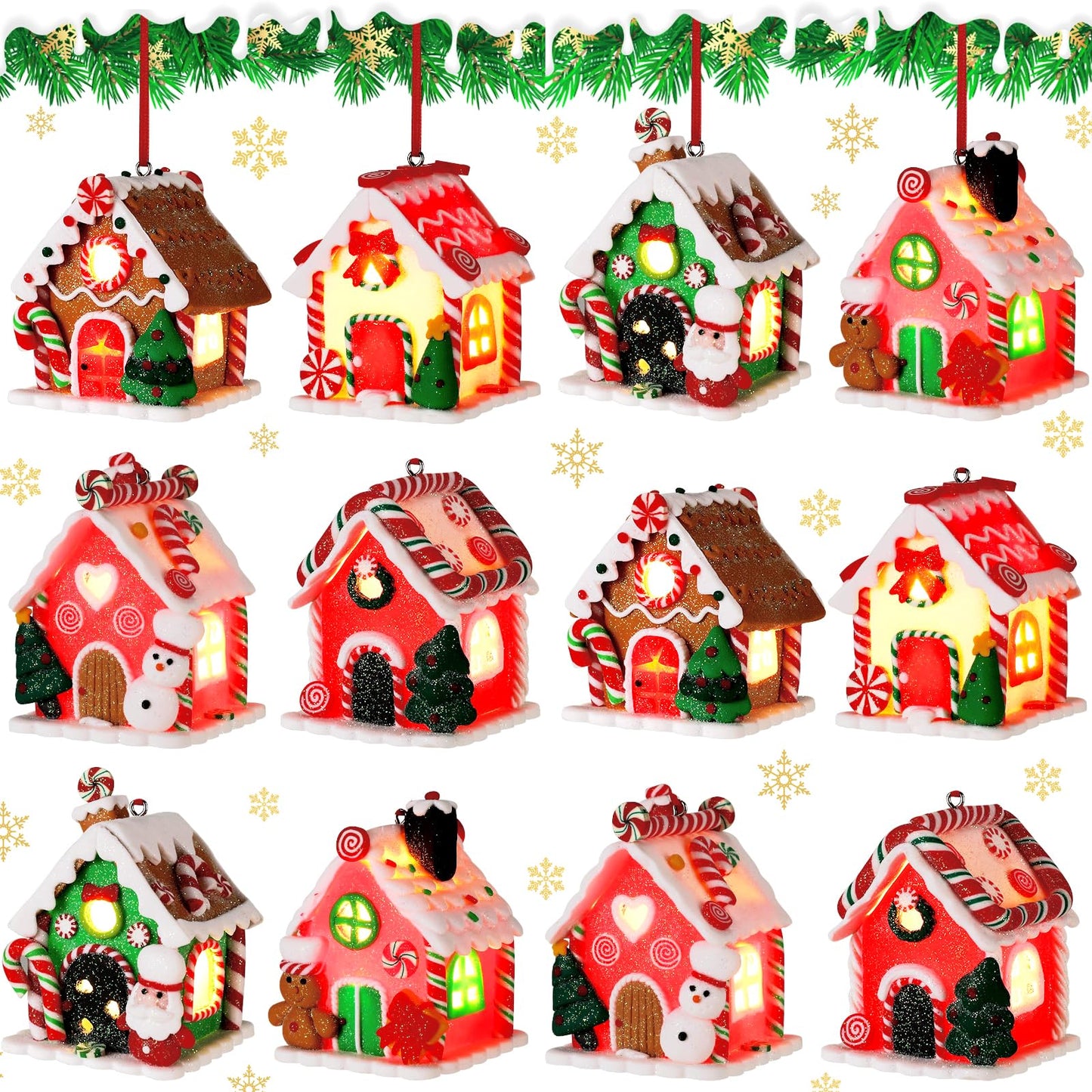 Thyle 12 Pieces Lighted Gingerbread House Ornament Glitter Holiday Christmas Tree Ornament Christmas LED Claydough Hanging Ornaments for Christmas Holiday Party Decoration