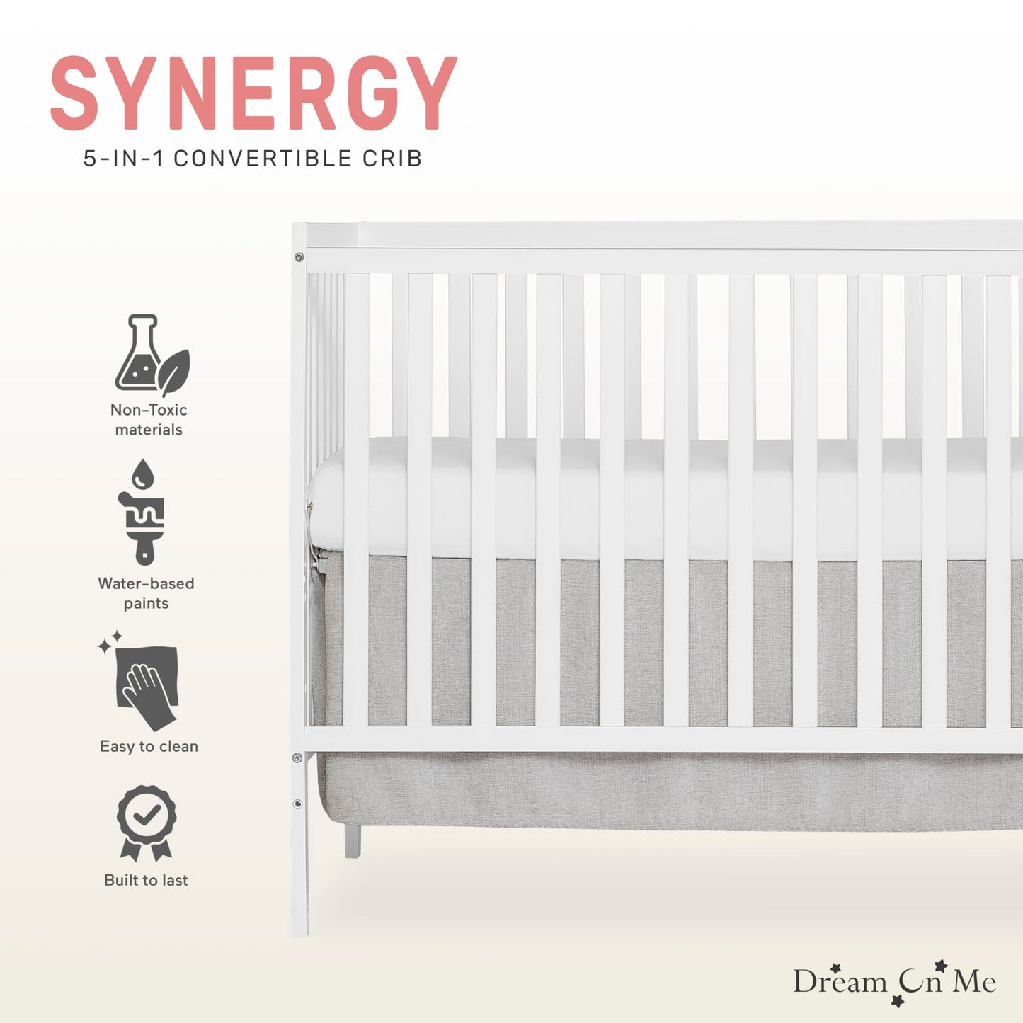 Dream On Me Synergy 5-In-1 Convertible Crib In White, Greenguard Gold Certified - WoodArtSupply