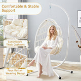 Hanging Egg Chair with Stand, Outdoor Swing Chair with Cushion and Headrest, Rattan Hammock Egg Chair for Backyard, Balcony, Indoor, 300lbs Capacity, White JEARGE