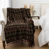 Gealaek Boho Throw Blanket Lightweight Soft Cozy Decorative Blankets for Sofa Bed Farmhouse Throw Blanket Aztec Blanket with Tassel Khaki Olive Wine Checkered 50" x 60" Gealaek